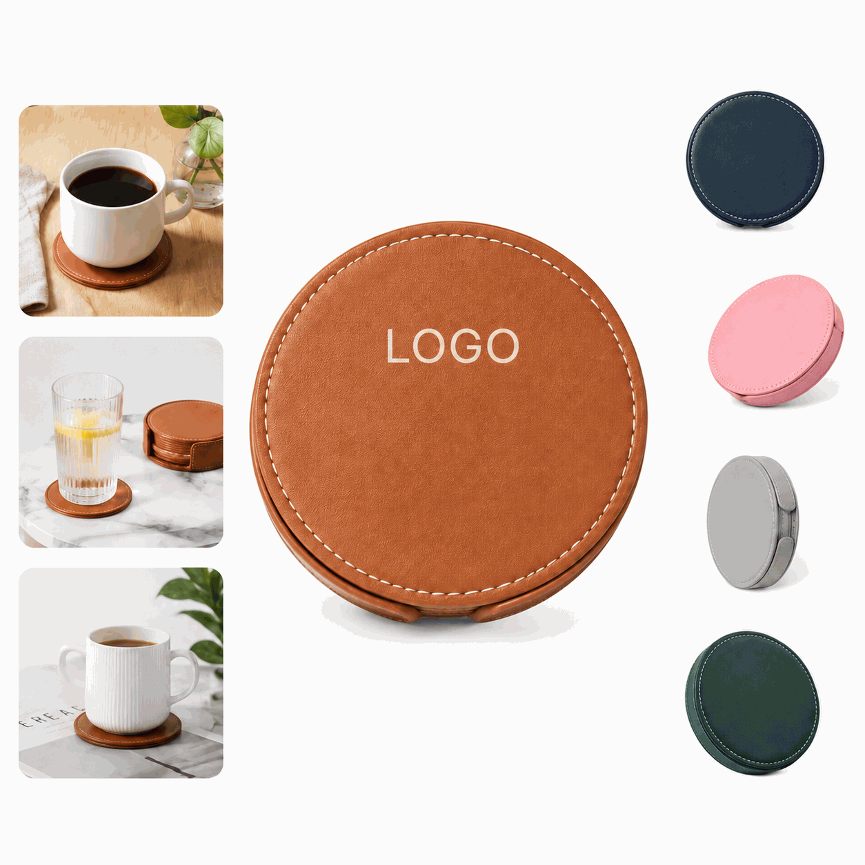 Stitched Brown Leather Coaster Set with Multiple Color Options